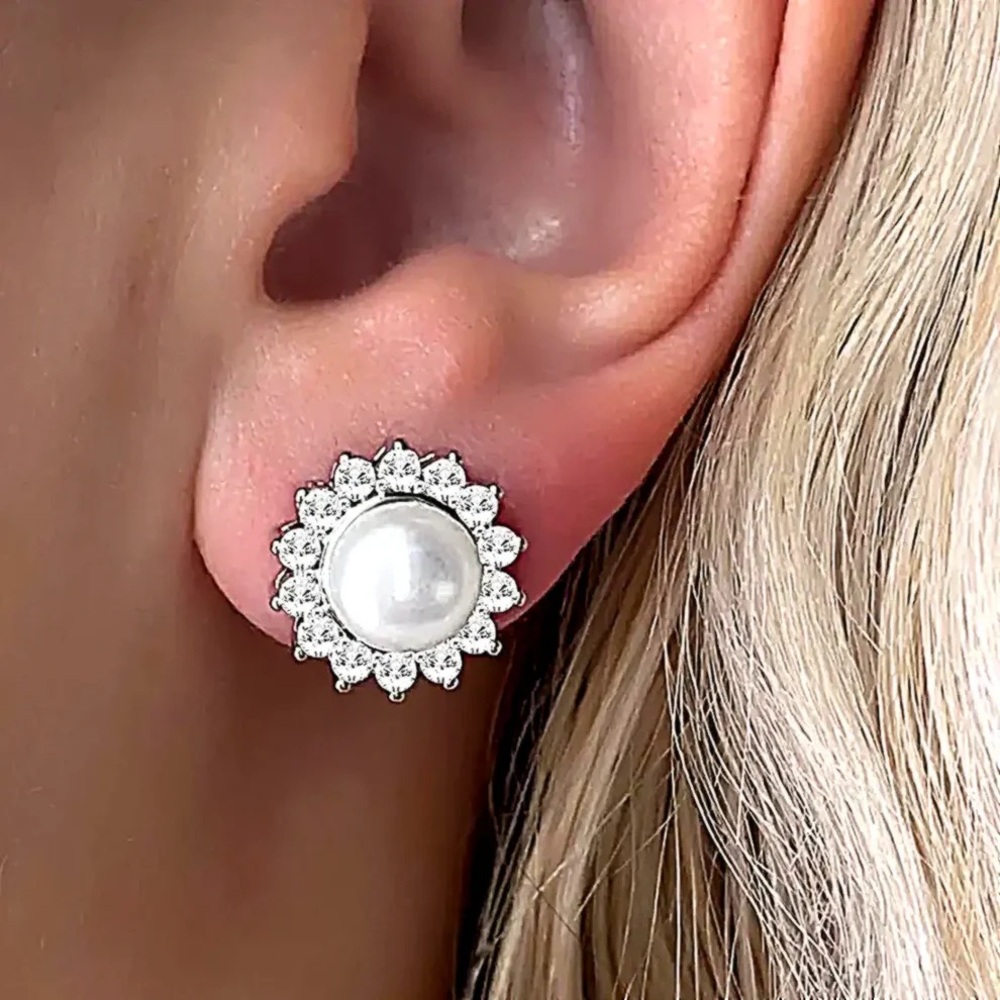 Elegant Silver Pearl Starburst Earrings - Picture 2 of 4